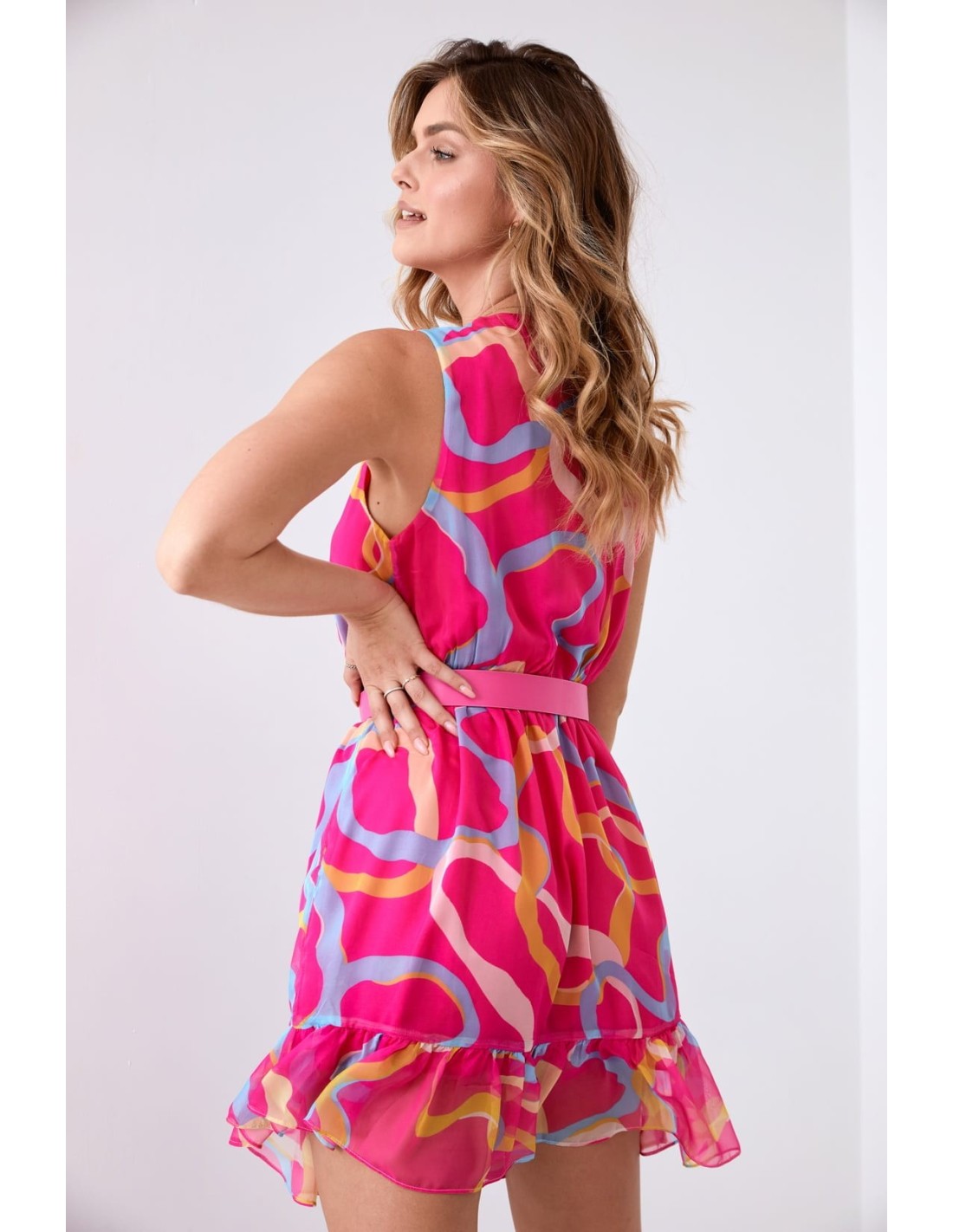 Light patterned dress with a belt, pink and blue 03040 - Online store - Boutique